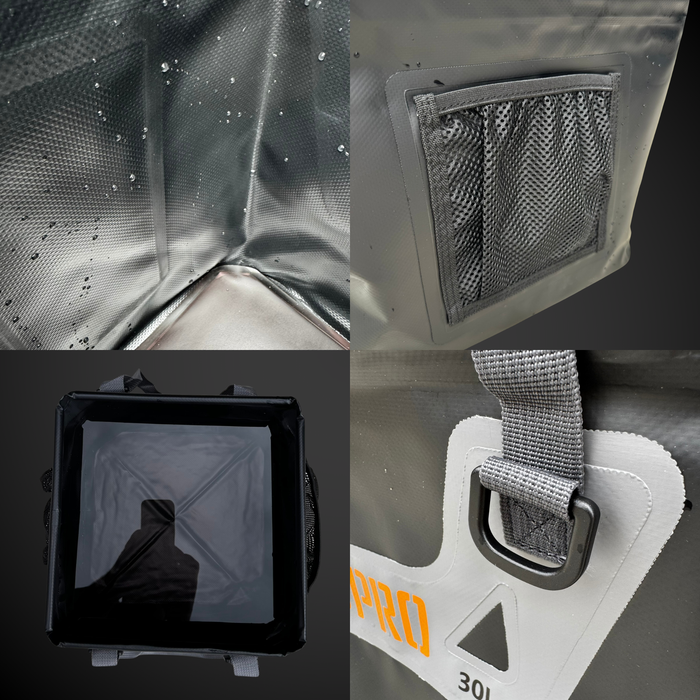 Collage of 15L/4GAL Pro Square Folding Bucket with mesh pocket, black frame, and strap detail.