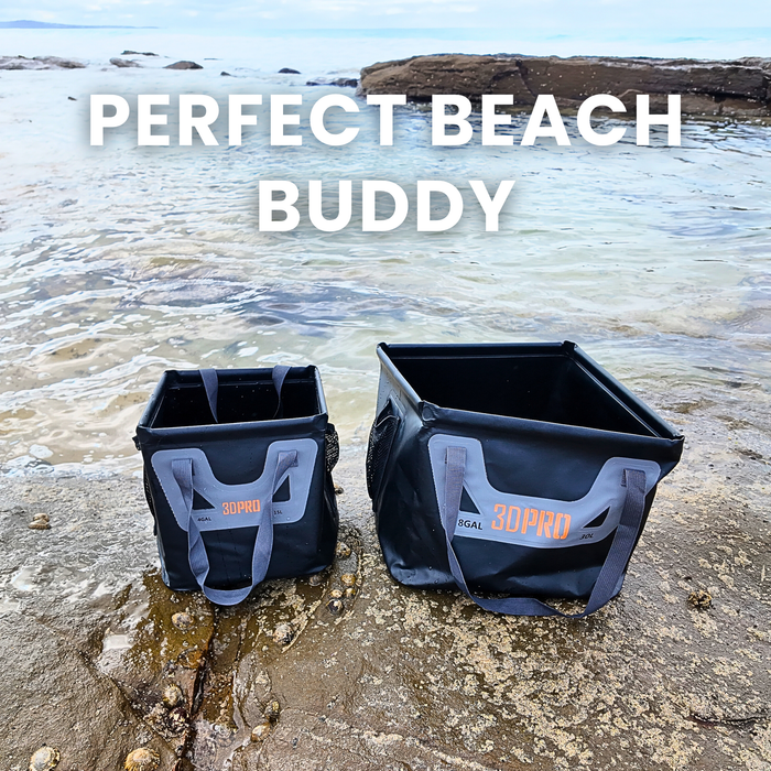 Two 15L/4GAL Pro Square Folding Bucket labeled '360PRO' on a beach with text 'PERFECT BEACH BUDDY'.