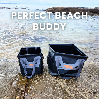 Two 15L/4GAL Pro Square Folding Bucket labeled '360PRO' on a beach with text 'PERFECT BEACH BUDDY'.