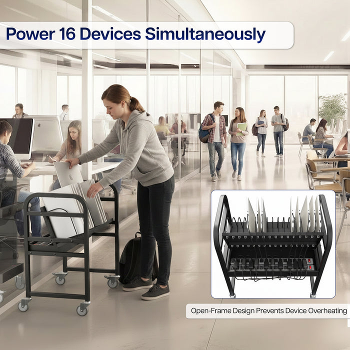 Person pushing a cart with multiple devices in an office setting, emphasizing power capacity.