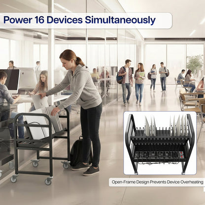 Person pushing a cart with multiple devices in an office setting, emphasizing power capacity.