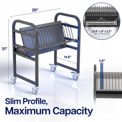 16-Device Open Charging Cart with dimensions and capacity details on a white background