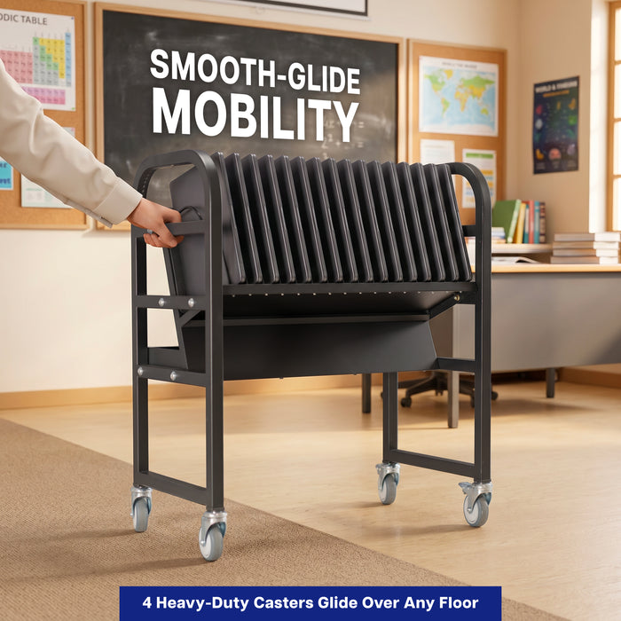 16-Device Open Charging Cart with 'Smooth-Glide Mobility' text in a classroom setting