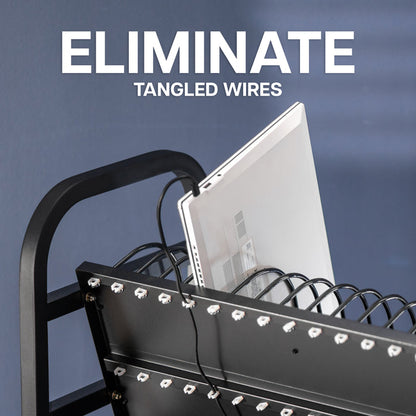 Laptop on a metal charging cart with text 'Eliminate Tangled Wires' against a blue background