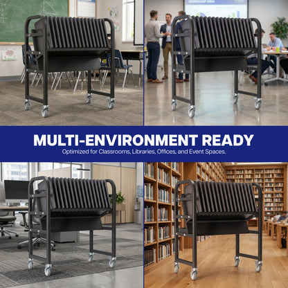 Collage of a device charging cart in various indoor settings with text 'Multi-Environment Ready'.