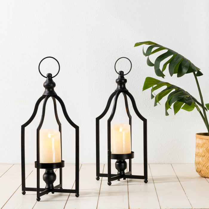16.50"H Modern Farmhouse Black Metal Candle Lantern, Set of 2