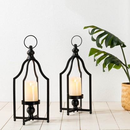 16.50"H Modern Farmhouse Black Metal Candle Lantern, Set of 2