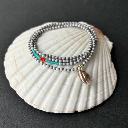 18K FEATHER PEARL PENDANT ON GLASS SEED BEAD NECKLACE #6
