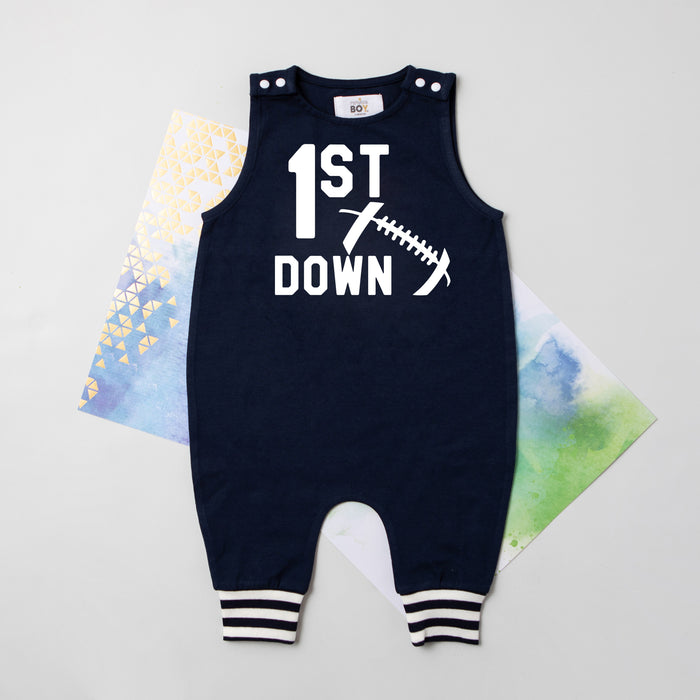 1st Down Football Personalized Striped Cuff Romper