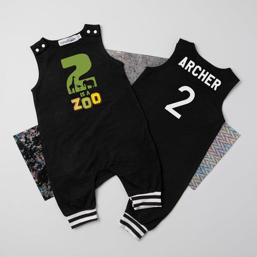 "2 is a Zoo" Personalized 2nd Birthday Romper with Striped Cuff
