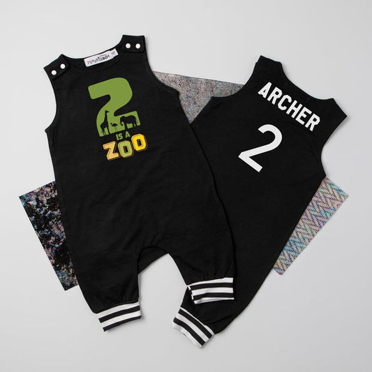 "2 is a Zoo" Personalized 2nd Birthday Romper with Striped Cuff
