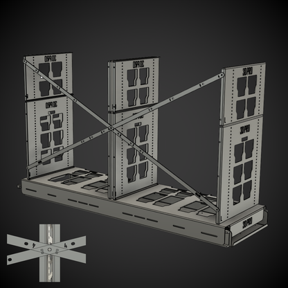 Metal frame structure with 2.0 Slider Bracing Kit (Pack A Shelf) on a dark background