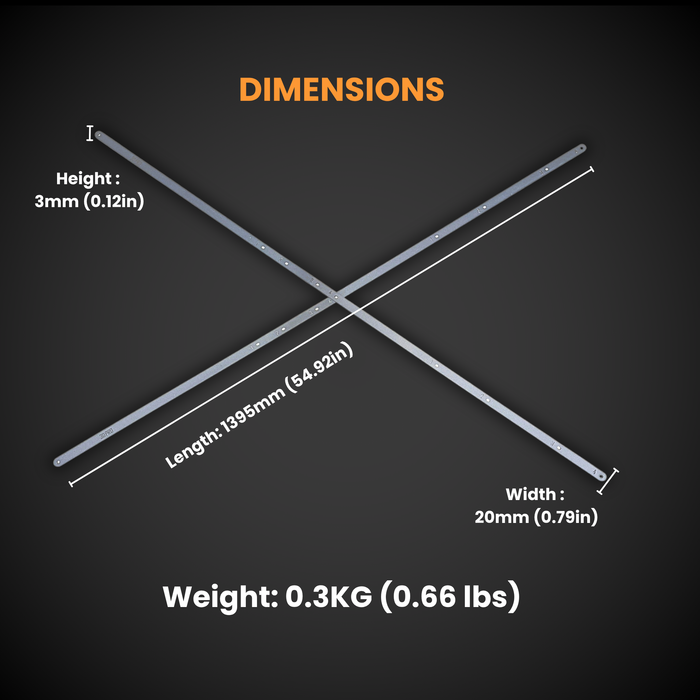 Measurement chart showing dimensions and weight of a 2.0 Slider Bracing Kit (Pack A Shelf) on a dark background