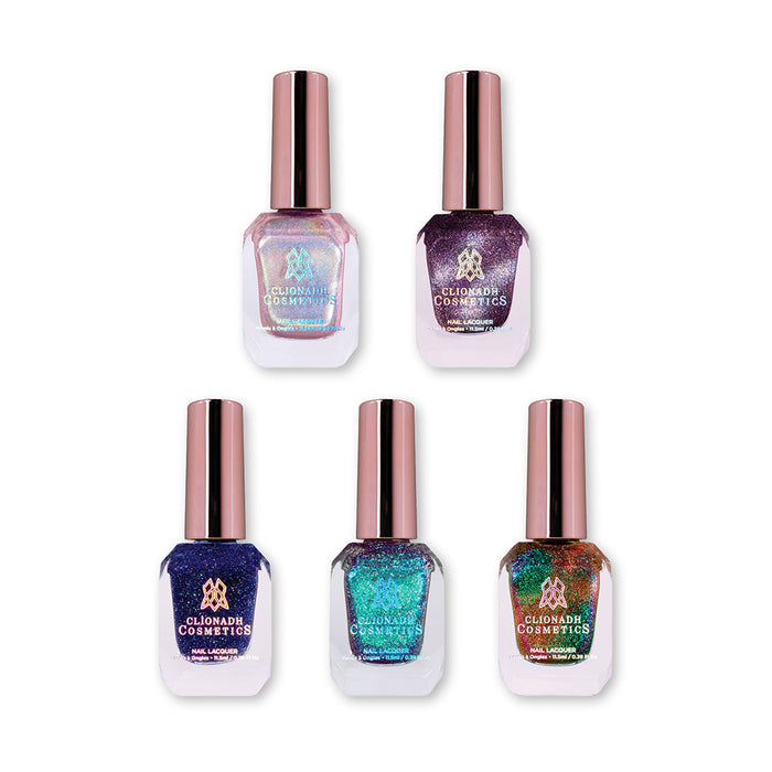 Five bottles of Clionadh Cosmetics nail polish containing 2025 Countdown Overpours on a white background.