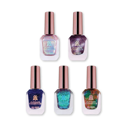 Five bottles of Clionadh Cosmetics nail polish containing 2025 Countdown Overpours on a white background.
