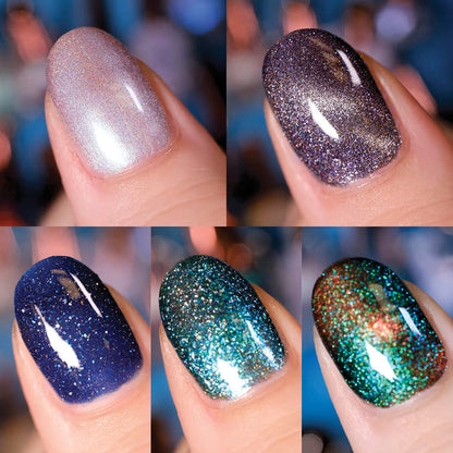 5 close-up nails painted, each with one nail lacquer colour from 2025 Countdown overpours with a blurred background.