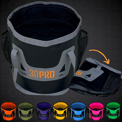Collapsible bucket with carrying strap and 3DPRO branding, shown with color options below on a dark background.