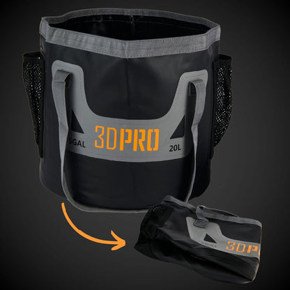 A black folding bucket with grey straps and orange '3DPRO' branding on the side, capable of holding 20 liters.