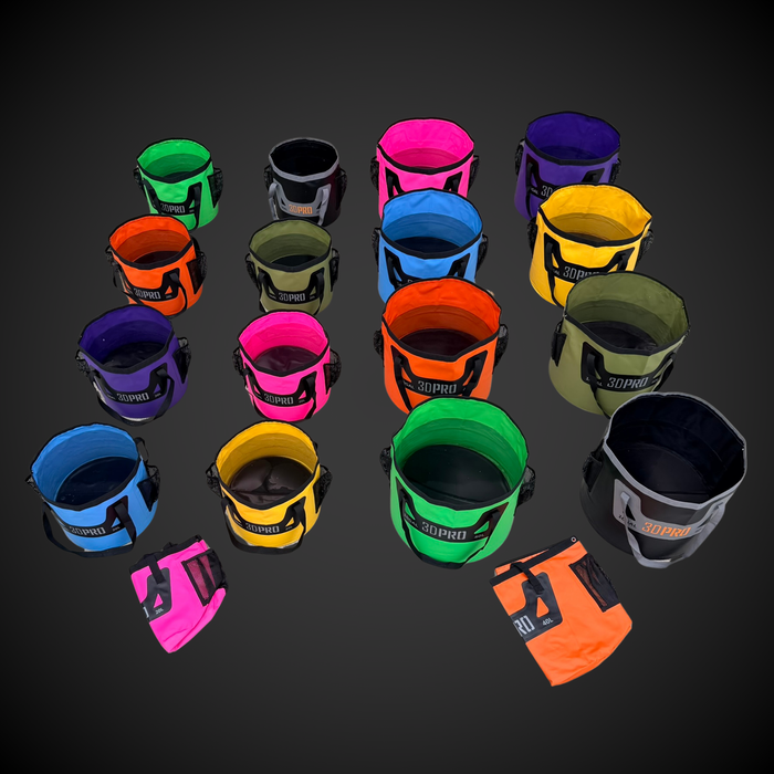 Colorful 3DPRO folding buckets arranged in a grid on a dark background