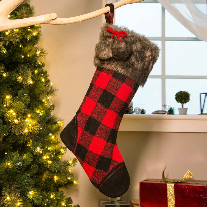 21"L Fur Black/Red Buffalo Plaid Stocking
