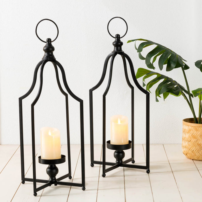 22.00"H Modern Farmhouse Black Metal Candle Lantern, Set of 2