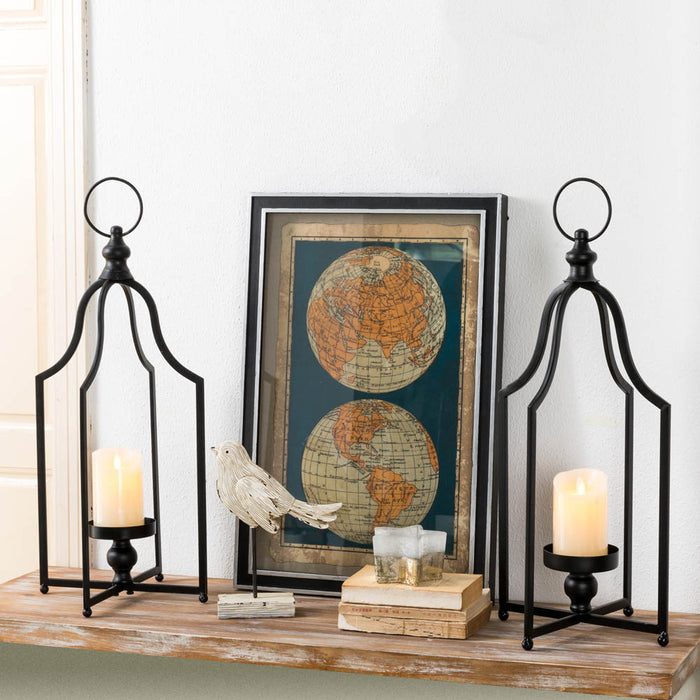 22.00"H Modern Farmhouse Black Metal Candle Lantern, Set of 2
