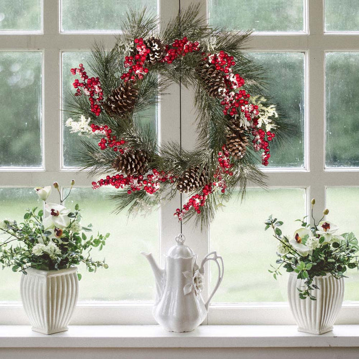 24"D Flocked Pinecone Berry Wreath