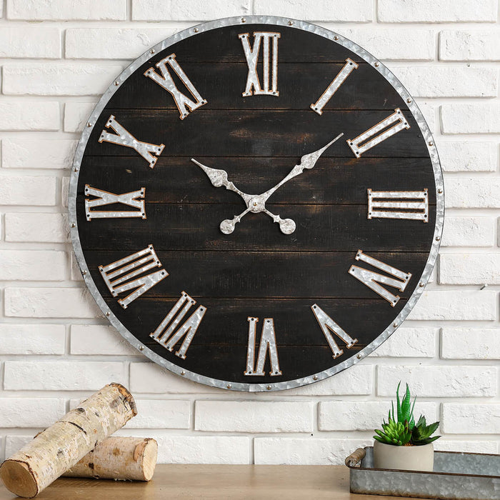 27.56"D Oversized Farmhouse Wooden & Galvanized Round Wall Clock