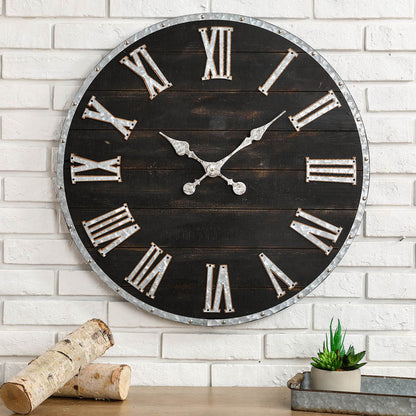 27.56"D Oversized Farmhouse Wooden & Galvanized Round Wall Clock