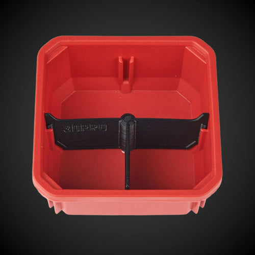 A red, 3-way low single bin divider with black details, designed to fit into a Milwaukee Packout low organiser single bin.