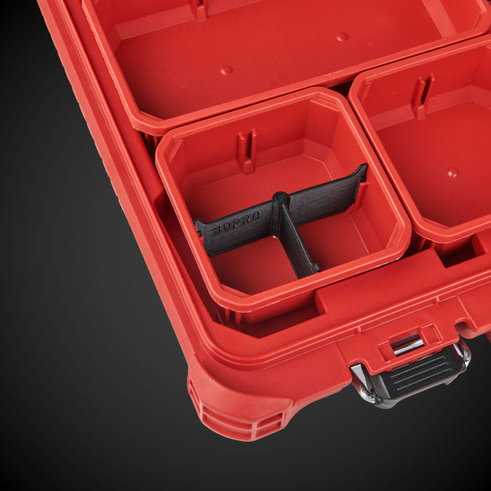 Red tool case with black 3-Way Low Single Bin Divider (MP)  on a dark gray background