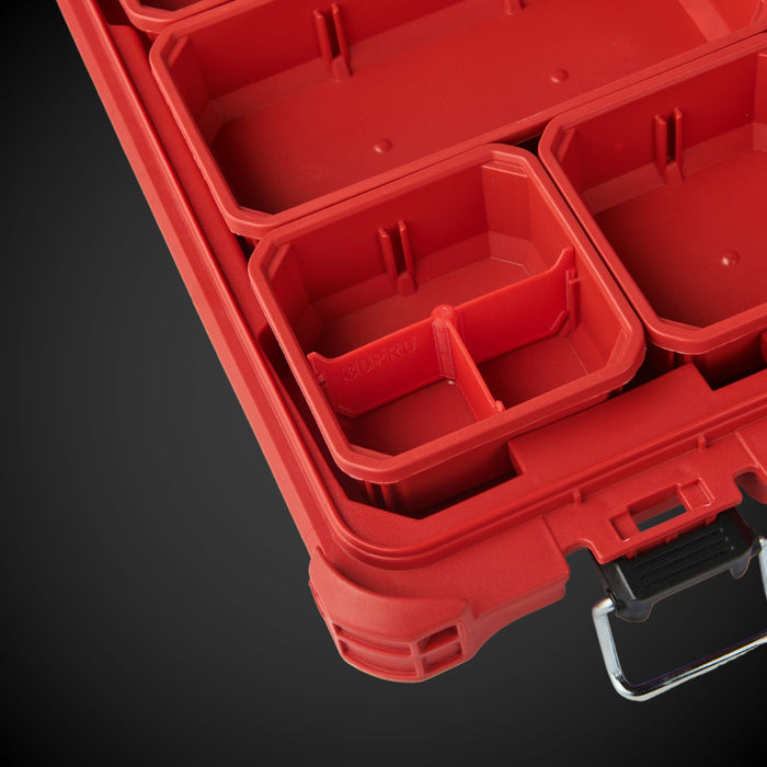 Red Milwaukee tool box with 3-Way Low Single Bin Divider (MP) on a black background