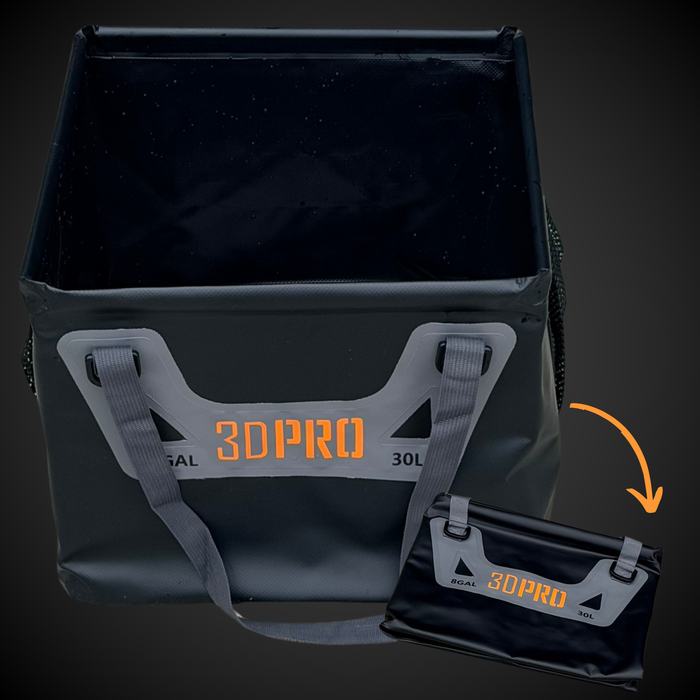 30L/8GAL Pro Square Folding Bucket with a folded version of itself
