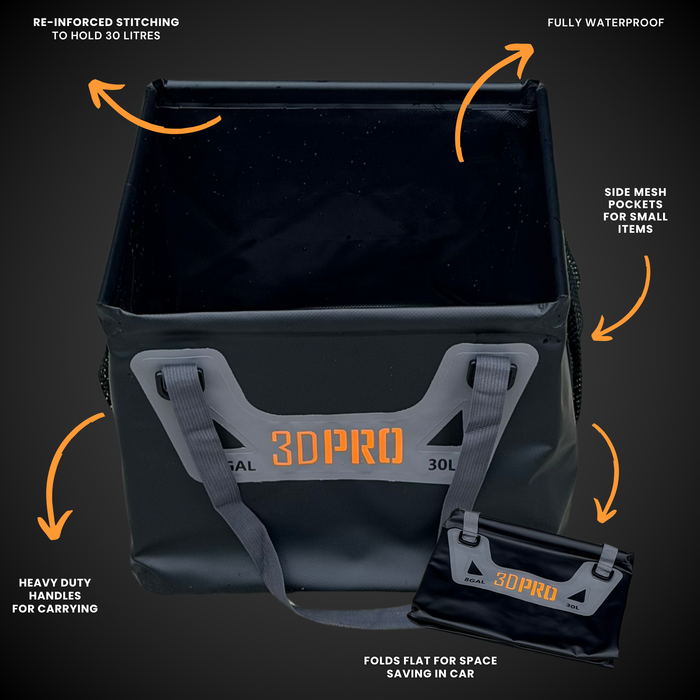 30L/8GAL Pro Square Folding Bucket with key features:

- re-inforced stitching to hold 30L 
- fully waterproof
- side mesh pockets for small items
- folds flat for space saving in car
- heavy duty handles for carrying
