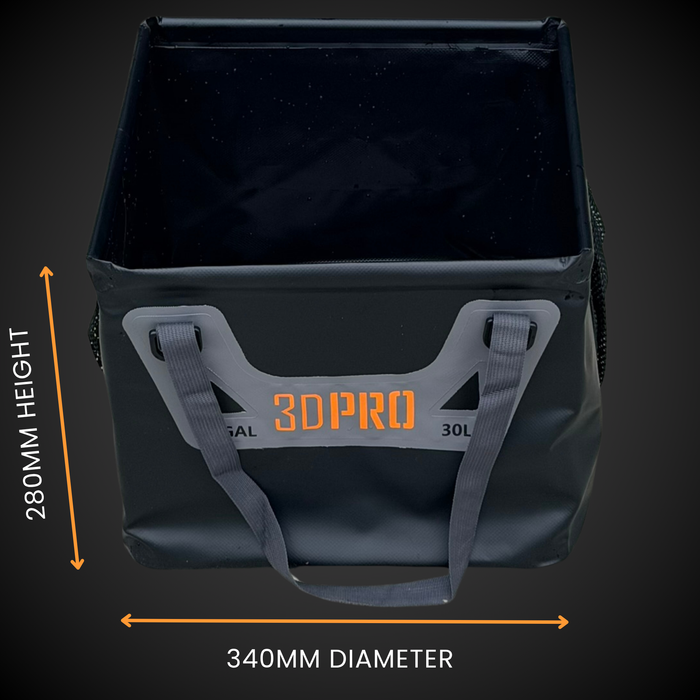 30L/8GAL Pro Square Folding Bucket with measurements and '3DPRO' branding on a dark background