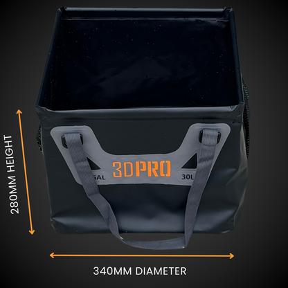 30L/8GAL Pro Square Folding Bucket with measurements and '3DPRO' branding on a dark background