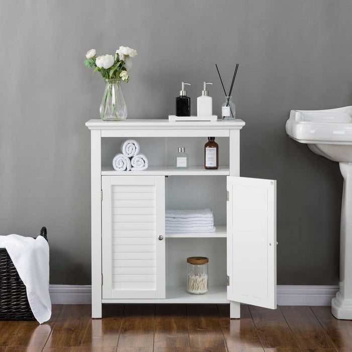 32" H Wooden Floor Storage Cabinet with  2 Shutter Door, White