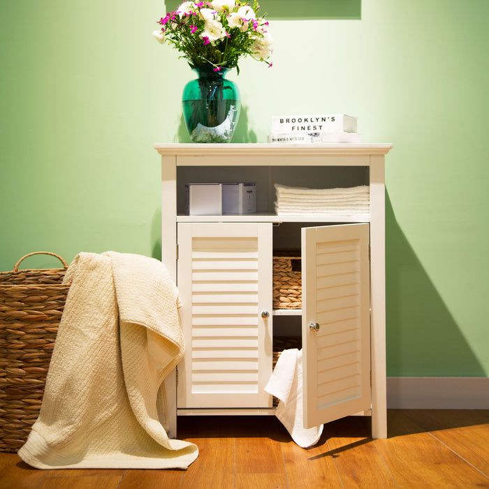 32" H Wooden Floor Storage Cabinet with  2 Shutter Door, White