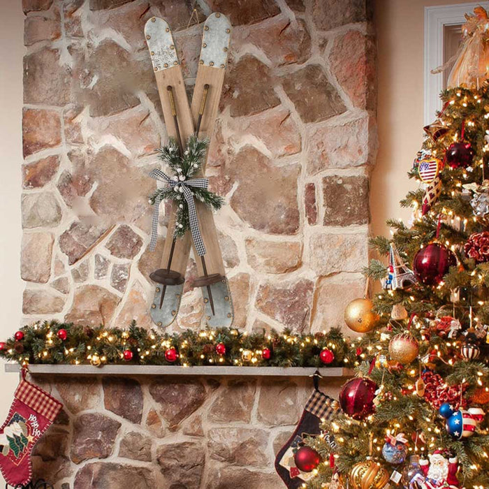 35"H Christmas Wooden/Galvanized Ski Décor