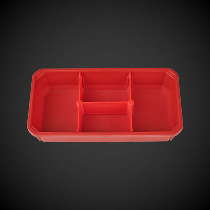 Red plastic tool box with red 4-Way Low Double Bin Divider (MP) on a black background