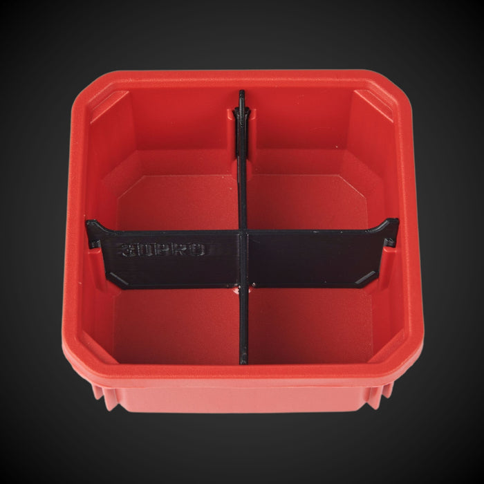 A red Milwaukee low single bin with a black 4-Way Low Single Bin Divider (MP)
