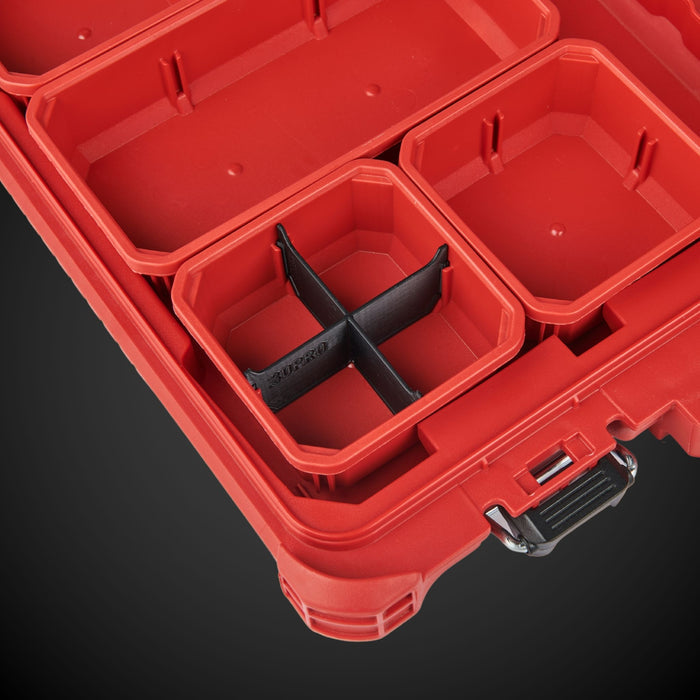 Red Milwaukee packout with black 4-Way Low Single Bin Divider (MP) and handle on a dark background