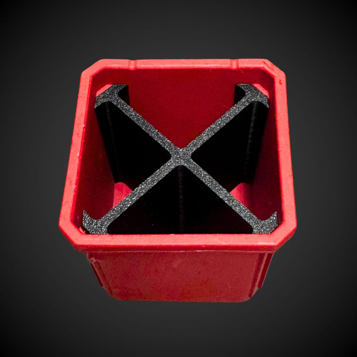 A 3D printed red and black 4-way divider designed to fit inside a Milwaukee Packout standard organizer bin.