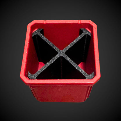 A 3D printed red and black 4-way divider designed to fit inside a Milwaukee Packout standard organizer bin.