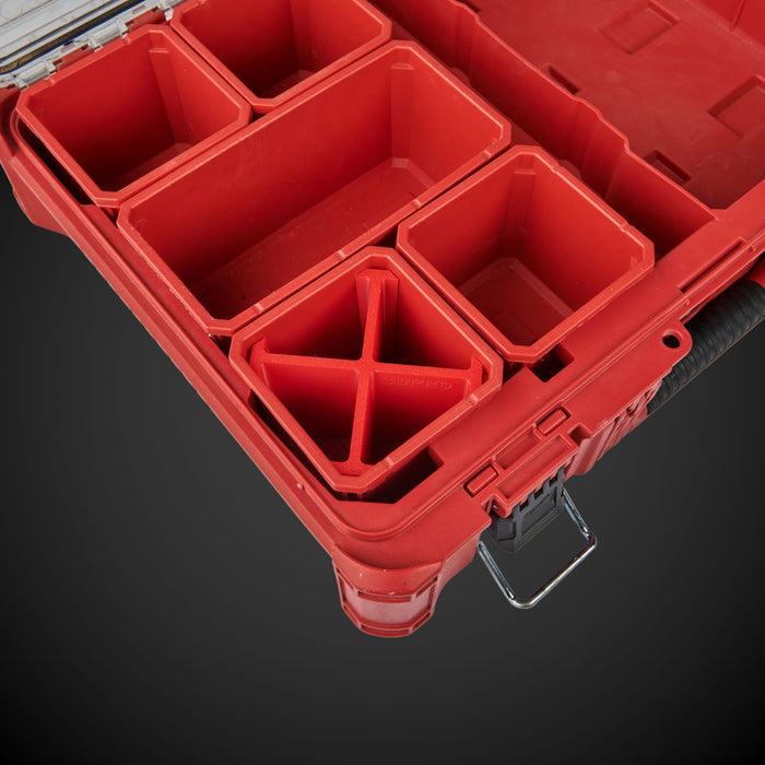 Red Milwaukee tool organizer with 4-Way Standard Single Bin Divider (MP) on a dark background