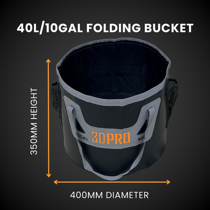 40L/10GAL folding bucket with dimensions on a dark background