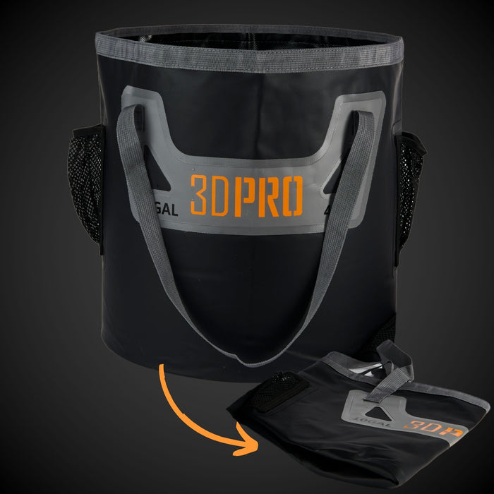 A black folding bucket with grey straps and orange logo, shown both folded and unfolded, with an additional side mesh pocket.