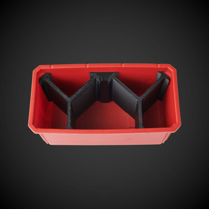 A red and black 5-way standard double bin divider, designed to be used with a Milwaukee Packout organizer.