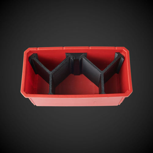 A red and black 5-way standard double bin divider, designed to be used with a Milwaukee Packout organizer.
