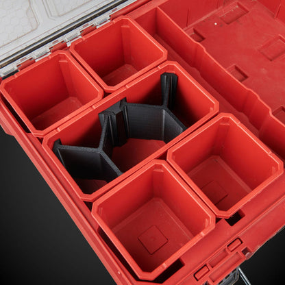 Red tool organizer with black 5-Way Standard Double Bin Divider (MP) on a dark background